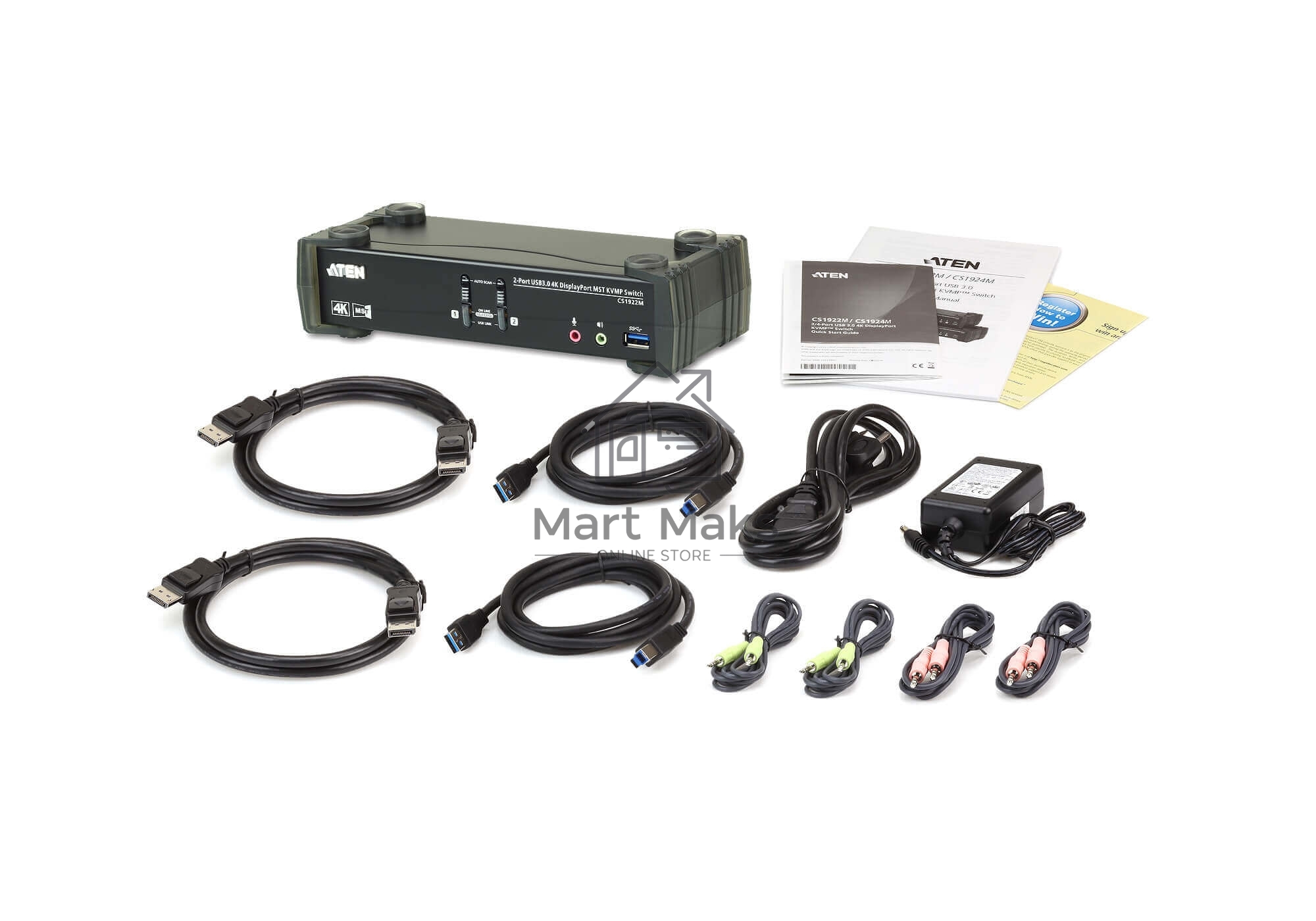 Переключатель KVM ATEN CS1922M-AT-G KVM+Audio+USB 3.0, 1 user USB+DP => 2 cpu USB+DP, со шнурами DP 2x1.5м.+USB 2х1.8м.