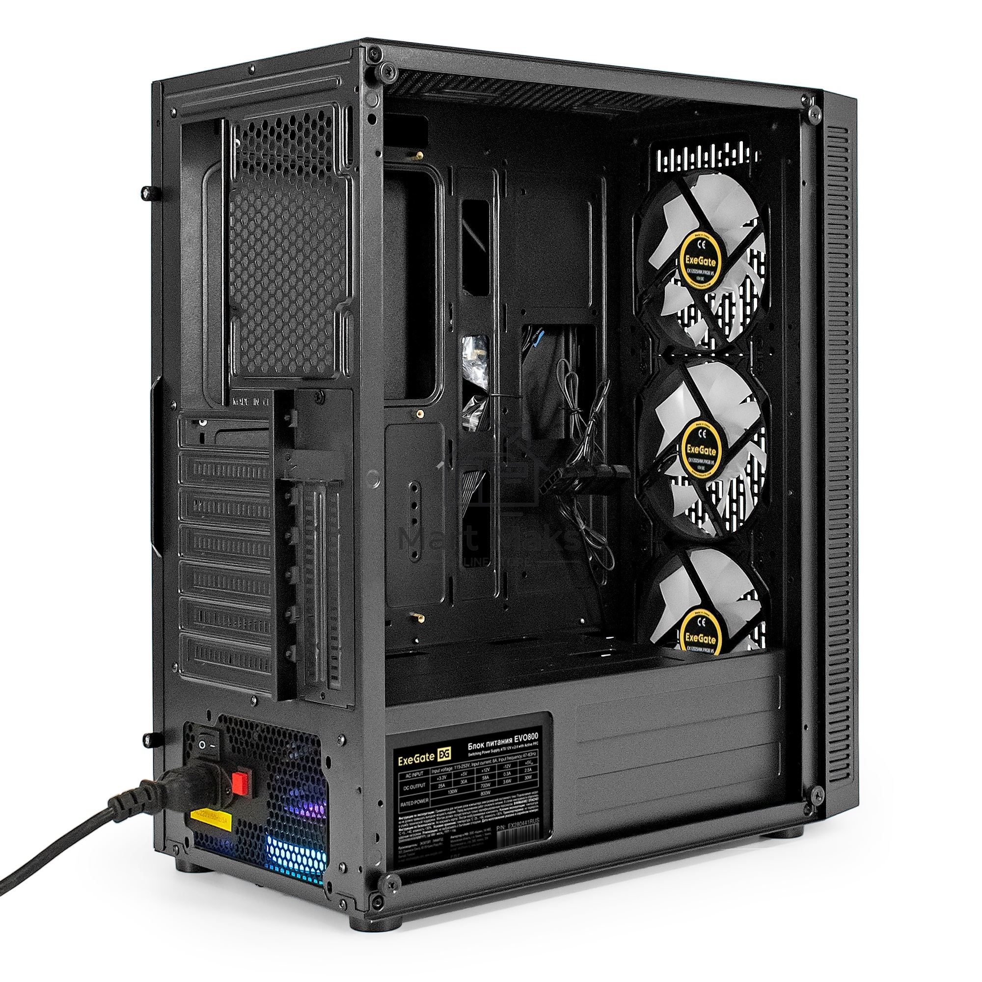Компьютерный корпус Miditower ExeGate EVO-5001A-EVO800 (ATX, БП EVO800RGB с вент. 12 см, 2*USB+1*USB3.0+HD Audio, черный, 3 вент.12см с RGB подсветкой, боковая панель - закаленное стекло)