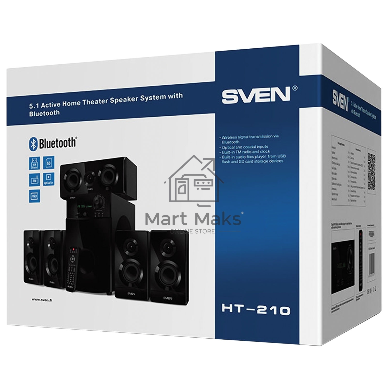 Аудиоколонки SVEN HT-210, черный, акустическая система 5.1, мощность (RMS):50Вт+5x15Вт, Bluetooth, Optical, Coaxial, FM-тюнер, USB/SD, дисплей, ПДУ