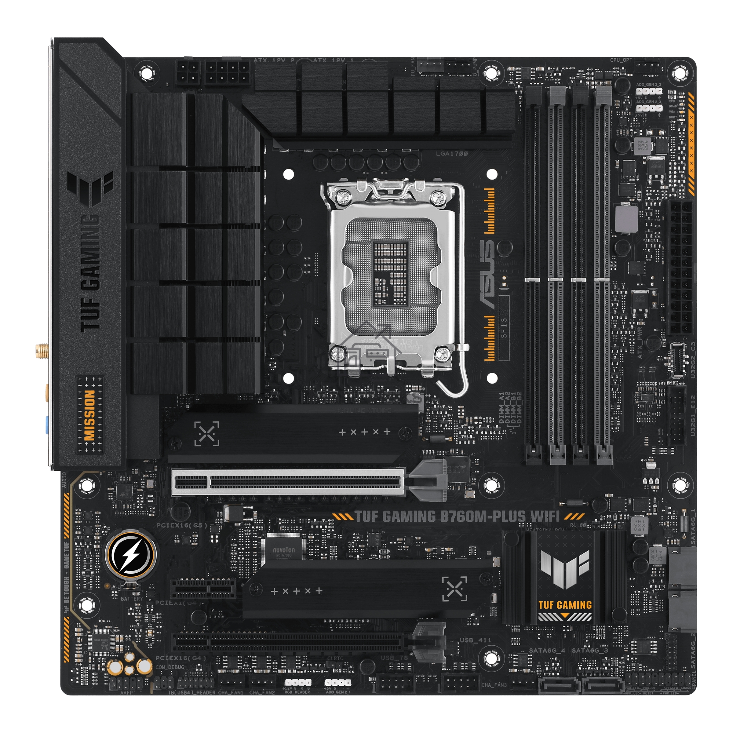 Материнская плата ASUS TUF GAMING B760M-PLUS WIFI, LGA 1700, Intel B760, 4xDDR5, 4xSATA, 2xM.2, 1xPCI-E 5.0 x16, 1xPCI-E 4.0 x4, 3xUSB-A 3.2 Gen 1, 2xUSB-A 3.2 Gen 2, 2xUSB 2.0, 1xUSB-C 3.2 Gen 2x2, 1x2.5Gb LAN, 5x3.5 мм, 7.1, Wi-Fi 6, Bluetooth 5.2, Micr