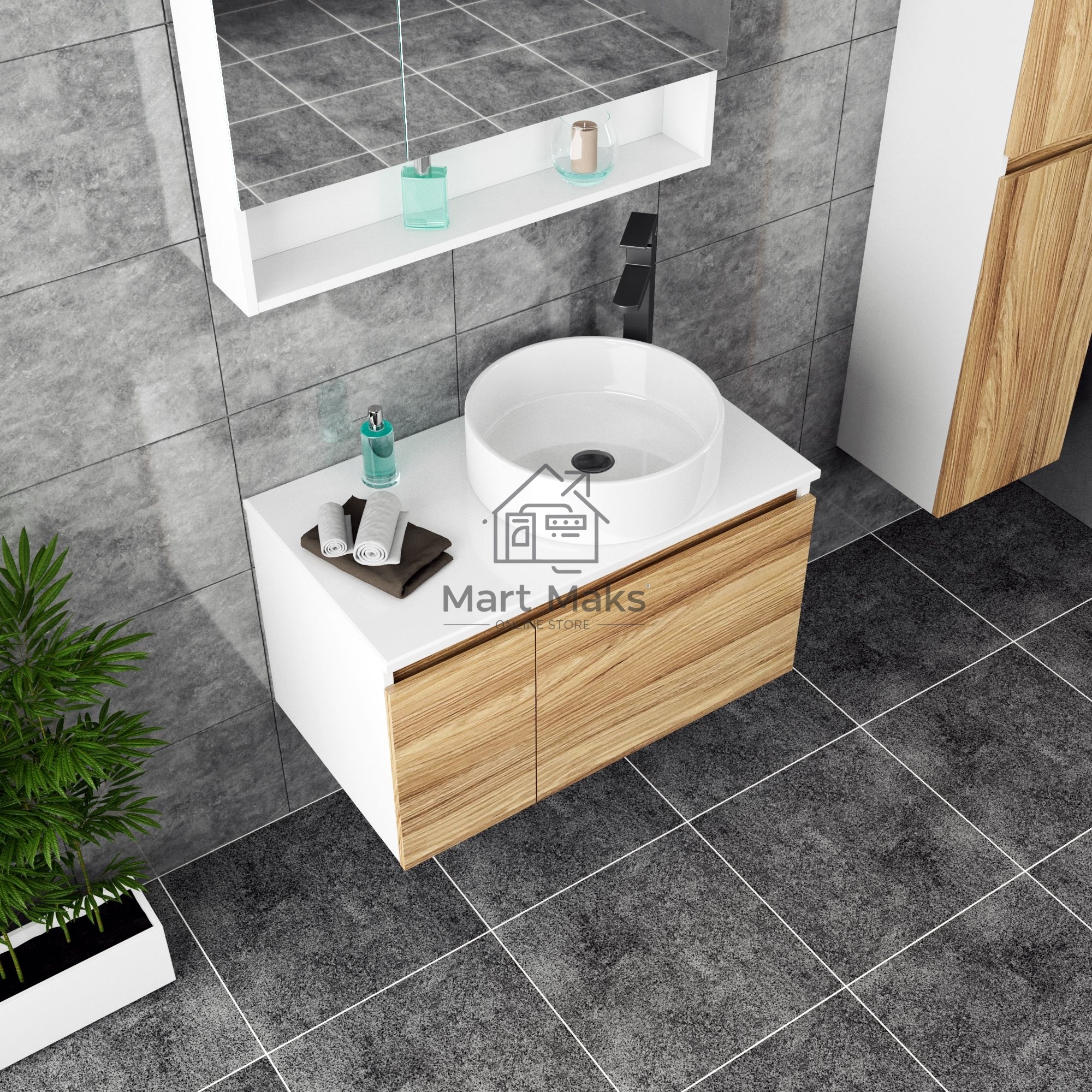 Комплект для ванной, 4 предмета (Тумба Bau Dream Blackwood 60, раковина BAU ream круглая D41, смеситель для раковины высокий Hotel Black, черный, выпуск клик клак, черный)