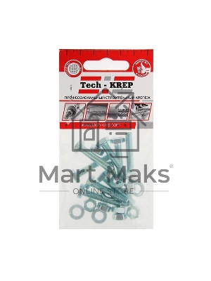 Болт М6х30 с шестигранной головкой цинк. с гайк. и шайб. DIN 933 (уп.8шт) класс прочности 8.8. пакет Tech-Krep 114051 Болт М6х30 с шестигранной головкой цинк. с гайк. и шайб. DIN 933 (уп.8шт) класс прочности 8.8. пакет Tech-Krep 114051