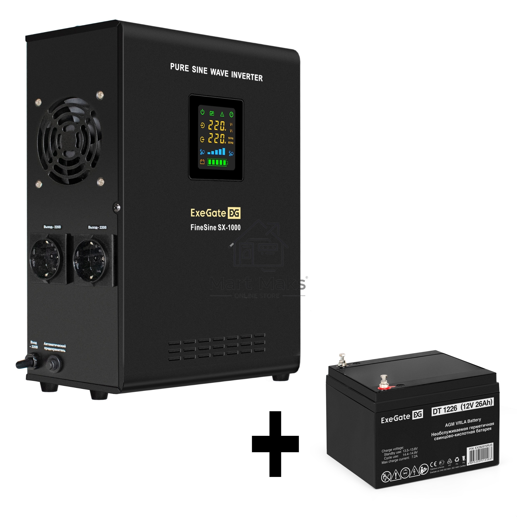 Комплект ИБП EX295997RUS + батарея 26Aч EX282970RUS 1шт (инвертор, синус, для котла, настенный) ExeGate FineSine SX-1000.LCD.AVR.2SH <1000VA/600W, чистая синусоида, цветной LCD-дисплей, AVR, 2*Schuko, линейно-интерактивный, крепление настенное/универсальн