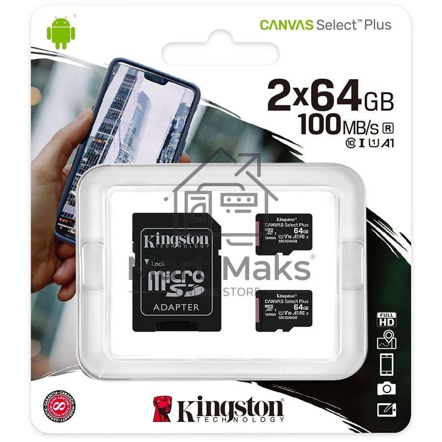Флеш карта microSDHC 64Gb microSDXC Class10 Kingston <SDCS2/64Gb-2P1A> Class10 UHS-I Canvas Select up to 100Mb/s с адапт.