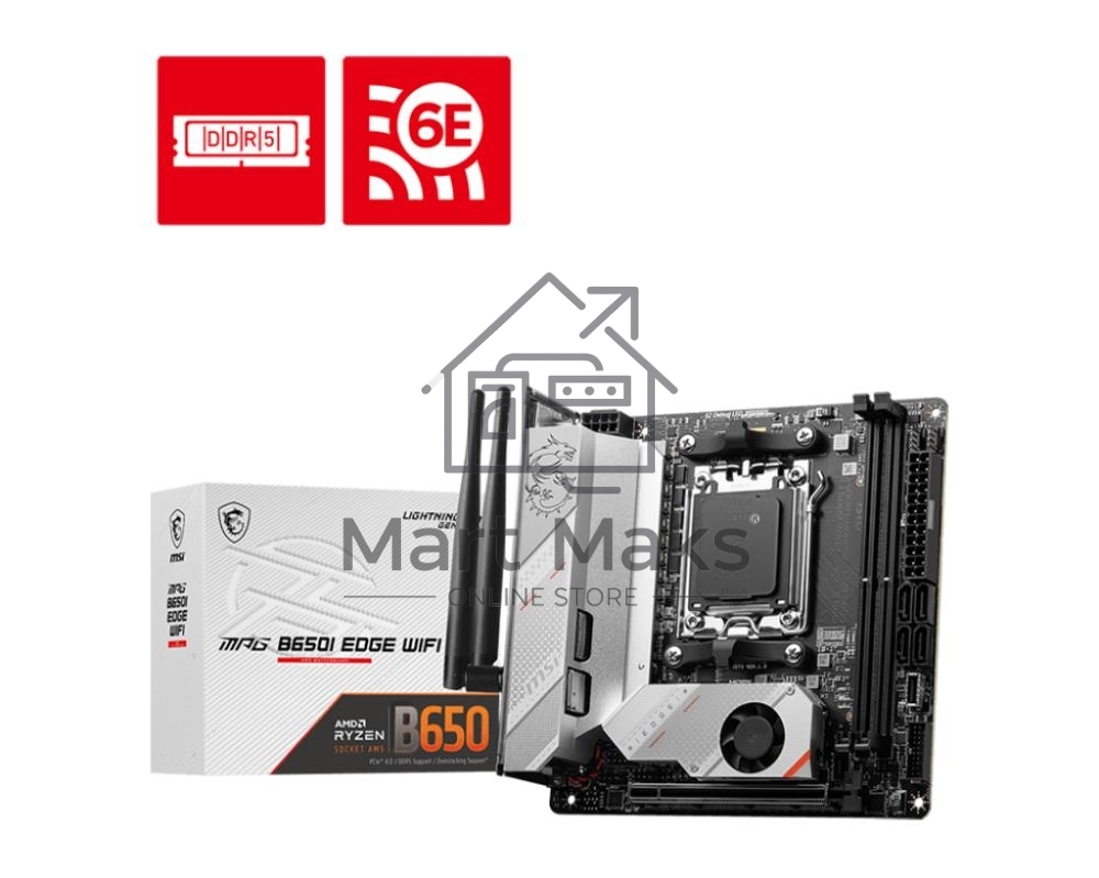Материнская плата MSI MPG B650I EDGE WIFI, AM5, AMD B650, 2xDDR5, 4xSATA, 2xM.2, 1xPCI-E 4.0 x16, 1xHDMI, 1x 2.5Gb LAN, 3xUSB-A 3.2 Gen 2, 2xUSB-A 3.2 Gen 1, 1xUSB-C 3.2 Gen 2x2, 3x3.5 мм, 7.1, Mini-ITX