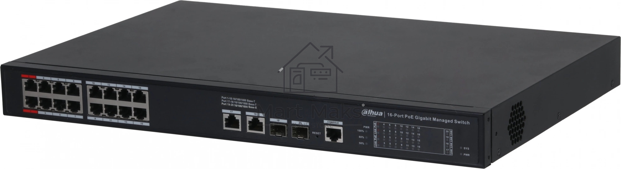 Коммутатор 20-портовый гигабитный управляемый с PoE DAHUA DH-S4220-16GT-240, уровень L2, 16xRJ45 1Gb PoE, 2xRJ45 1Gb, 2xSFP 1Gb, суммарно до 240Вт, коммутация 56 Гбит/с, MAC-таблица 8к, металл