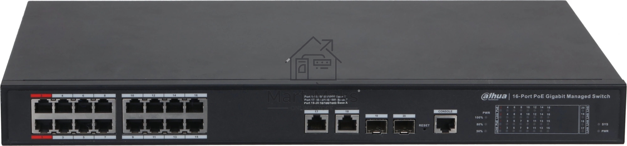 Коммутатор 20-портовый гигабитный управляемый с PoE DAHUA DH-S4220-16GT-240, уровень L2, 16xRJ45 1Gb PoE, 2xRJ45 1Gb, 2xSFP 1Gb, суммарно до 240Вт, коммутация 56 Гбит/с, MAC-таблица 8к, металл