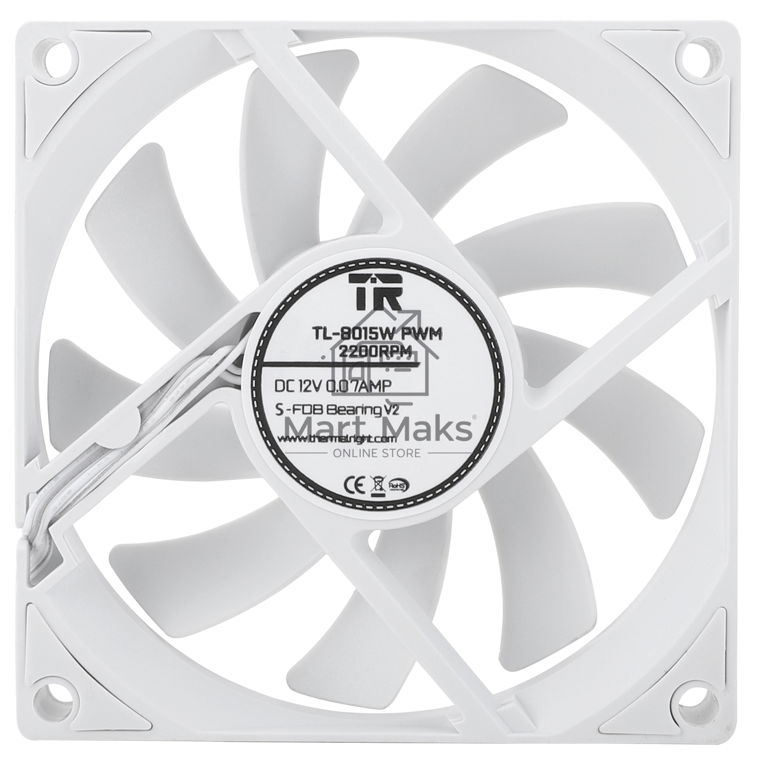 Вентилятор корпусный Thermalright TL-8015W (80x80x15mm, 4-pin PWM, 28.4CFM, 23.3dBA, 2200RPM, White)
