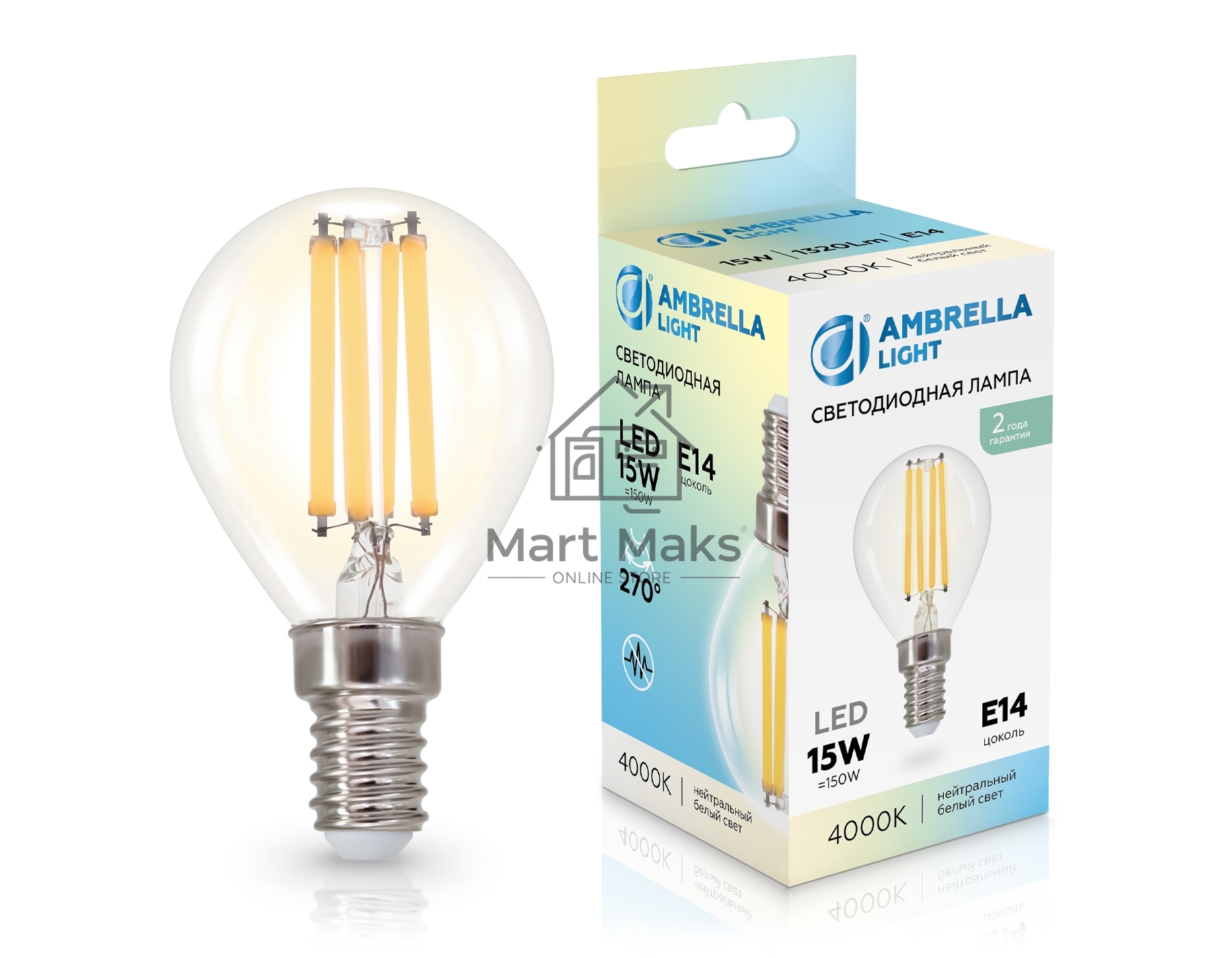 Лампа светодиодная 451534 Filament LED P45 15W E14 4000K 220-240V