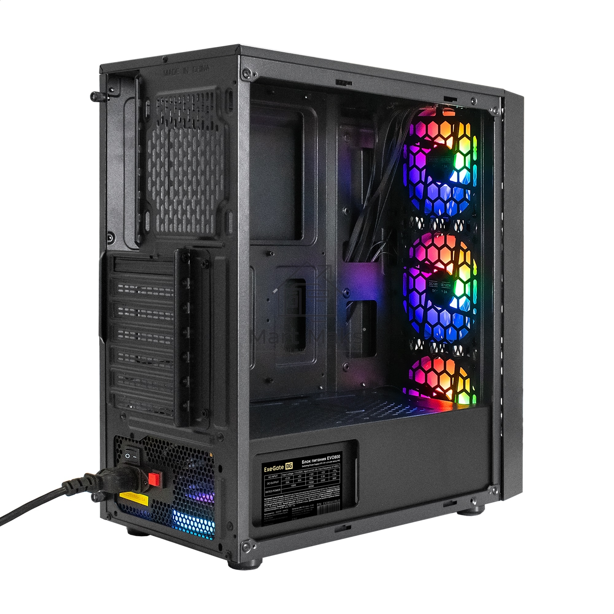 Компьютерный корпус Miditower ExeGate EVO-8243-EVO800 (ATX, БП EVO800RGb с вент. 12 см, 2*USB+1*USB 3.0, черный, 3 вент. с RGb подсветкой, боковая панель - закаленное стекло)