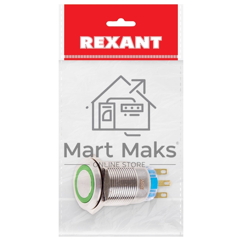Кнопка антивандальная Ø19 250В Фикс (5с) ON-OFF/OFF-ON подсв/зеленая Rexant