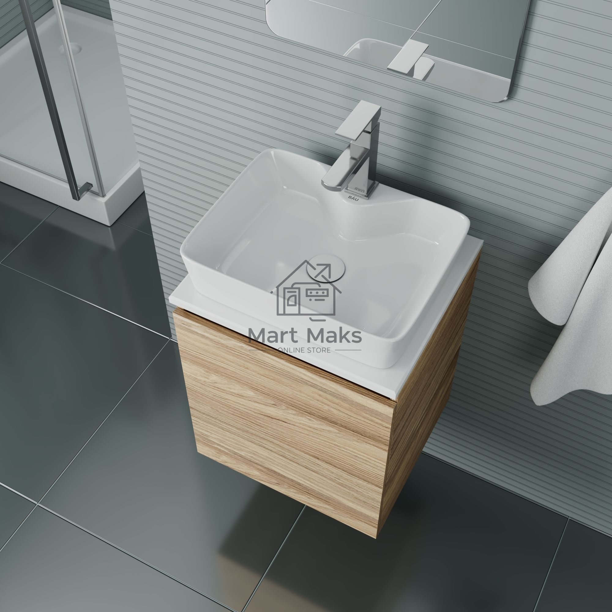 Тумба Bau Dream Blackwood 50 с дверцей, раковина BAU Cerama 48х37 белая, смеситель Hotel Still, нерж. сталь, выпуск клик клак, белый