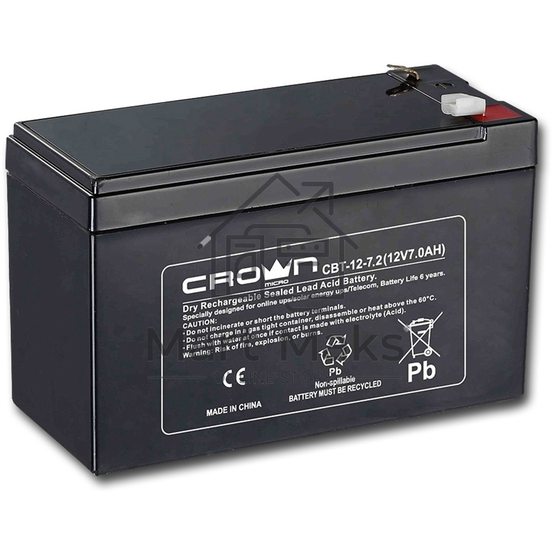Батарея CROWN CBT-12-7.2 (напряжение 12В, емкость 7.2 А/Ч, разм 151х65х100 мм, вес 2,1 кг, тип клеммы - F2, 5 лет)