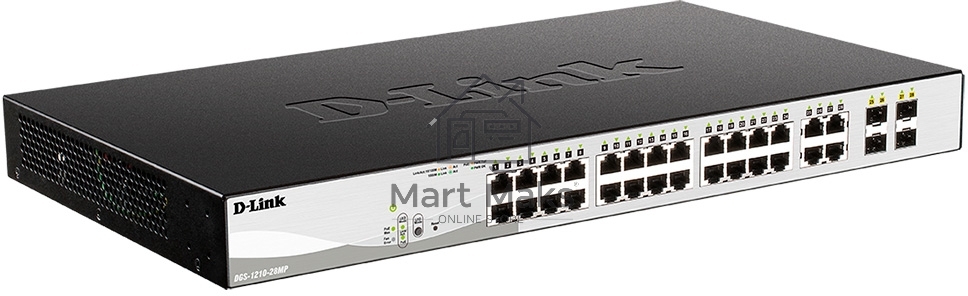 Настраиваемый L2 коммутатор D-Link DGS-1210-28MP/F3A с 24 портами 10/100/1000Base-T и 4 комбо-портами 100/1000Base-T/SFP (24 порта PoE 802.3af/at, PoE-бюджет 193 Вт)
