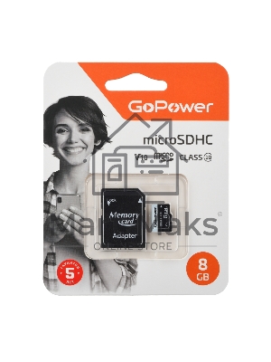 Карта памяти microSD GoPower 8Gb Class10 15 МБ/сек V10 с адаптером