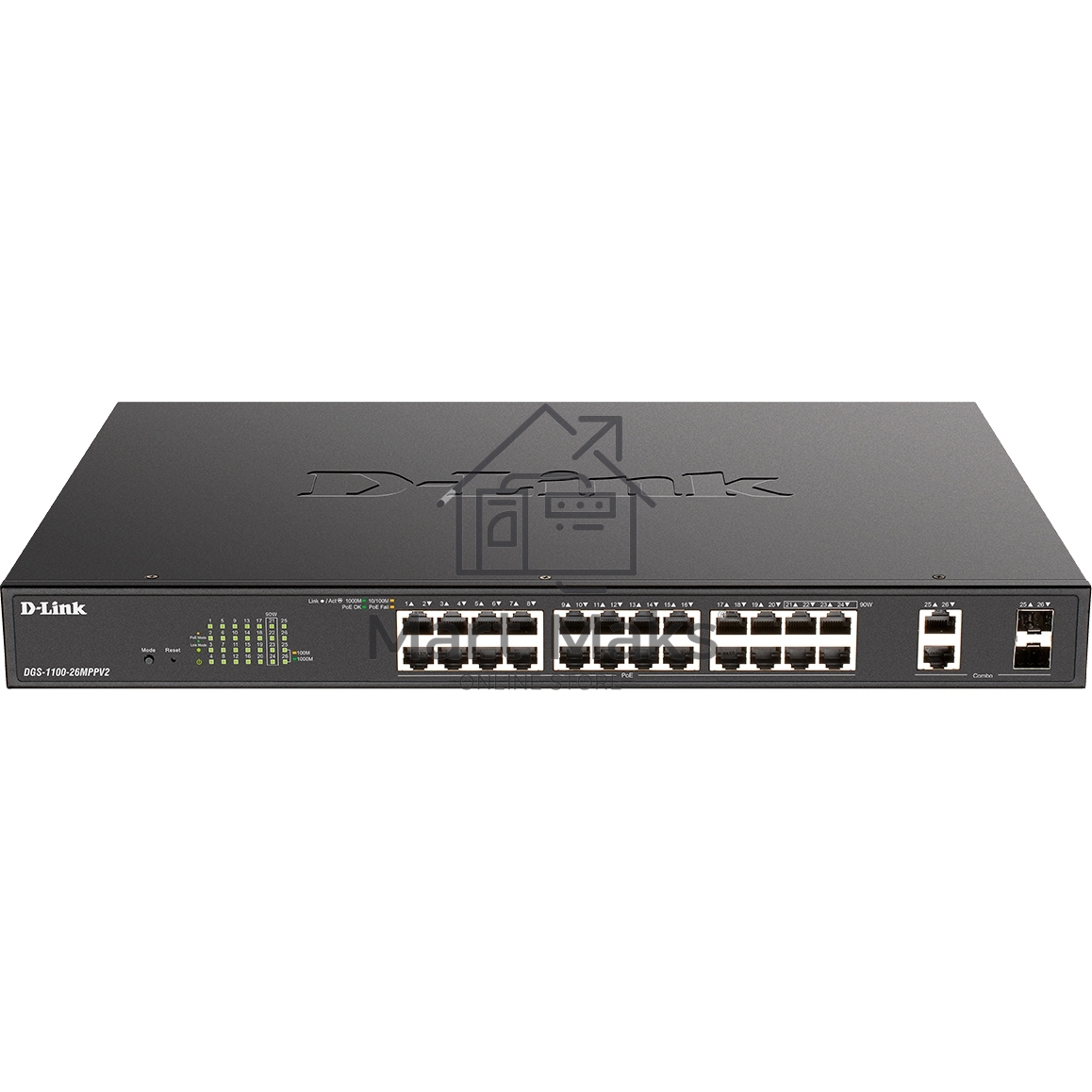 Настраиваемый L2 коммутатор D-Link DGS-1100-26MPPV2/A3A с 24 портами 10/100/1000Base-T и 2 комбо-портами 1000Base-T/SFP (порты 1-24 PoE 802.3af/at, порты 21-24 PoE 802.3bt, PoE-бюджет 525 Вт)