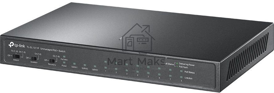 Настольный коммутатор TP-Link TL-SL1311P, 8 портов 10/100 Мбит/с с поддержкой PoE+, 2 гигабитных порта без поддержки PoE, 1 порт SFP, 802.3af/at, бюджет PoE — 65 Вт, стальной корпус