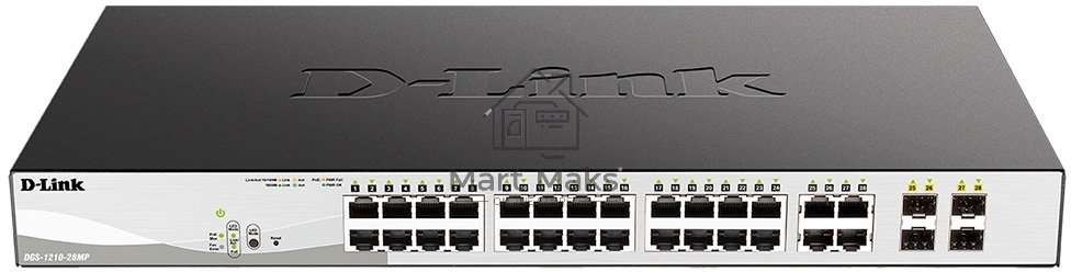 Настраиваемый L2 коммутатор D-Link DGS-1210-28MP/F3A с 24 портами 10/100/1000Base-T и 4 комбо-портами 100/1000Base-T/SFP (24 порта PoE 802.3af/at, PoE-бюджет 193 Вт)