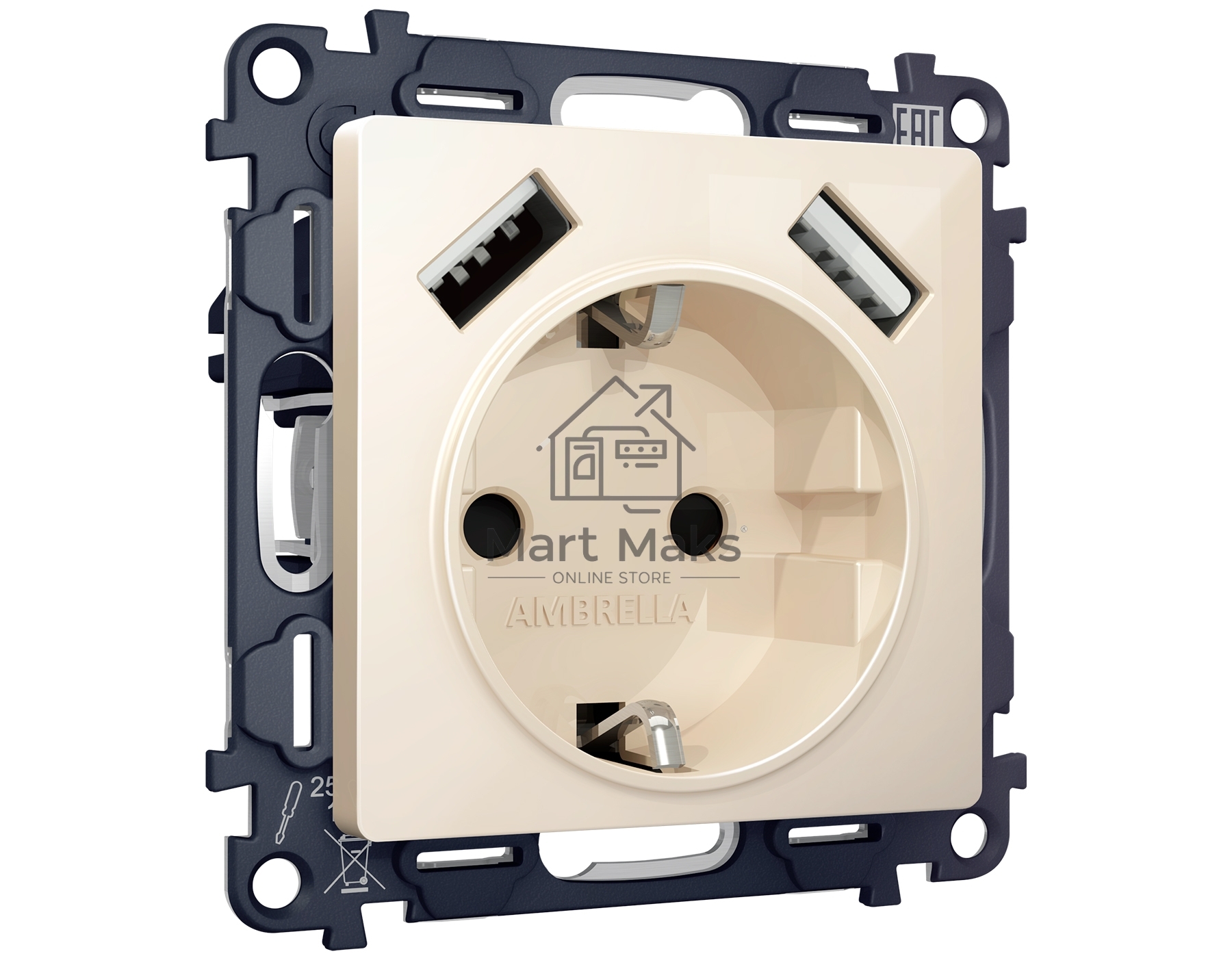 Комплект механизма электрической розетки ALFA Бежевый глянец 2USB A+A 18W (быстрая зарядка) с/з QUANT (AP3090, VM155) MA309010