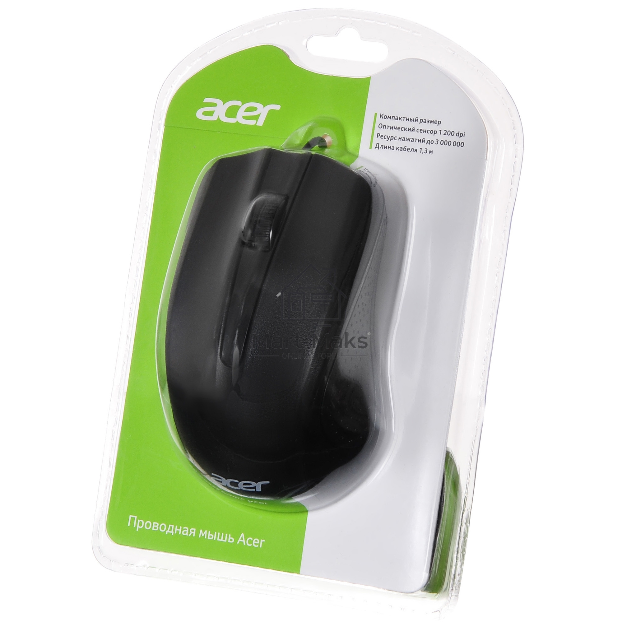Мышь проводная Acer OMW010 черный, 1200 dpi, USB, кнопки - 3