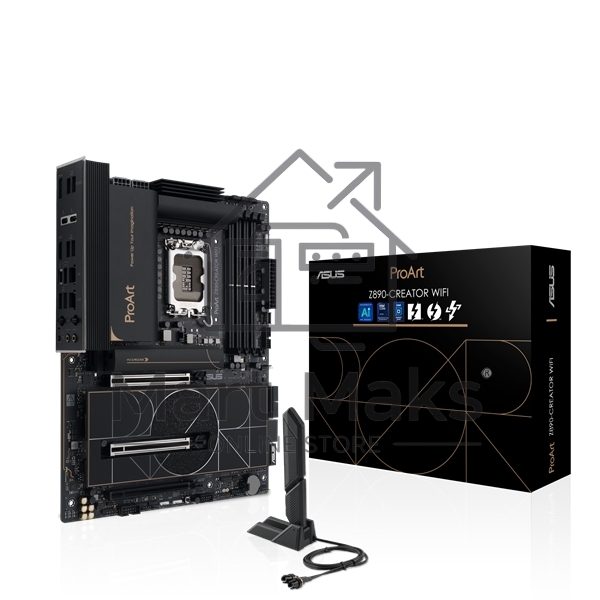 Материнская плата ASUS ProArt Z890-CREATOR WIFI, LGA 1851, Intel Z890, 4xDDR5, 4xSATA, 5xM.2, 2xPCIe 5.0 x16, 1xPCIe 4.0 x16, 1xHDMI, 1xDP, 1x 10Gb LAN, 1x 2.5Gb LAN, 2xUSB-C 10Gbps, 6xUSB-A 10Gbps, 1xUSB-A 2.0, 7.1, ATX
