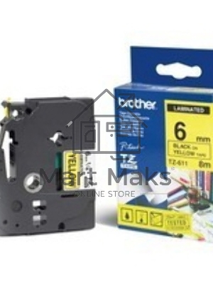 Картридж Brother TZE-611 6 мм, 8 м, черный шрифт, желтый фон, для BROTHER P-touch