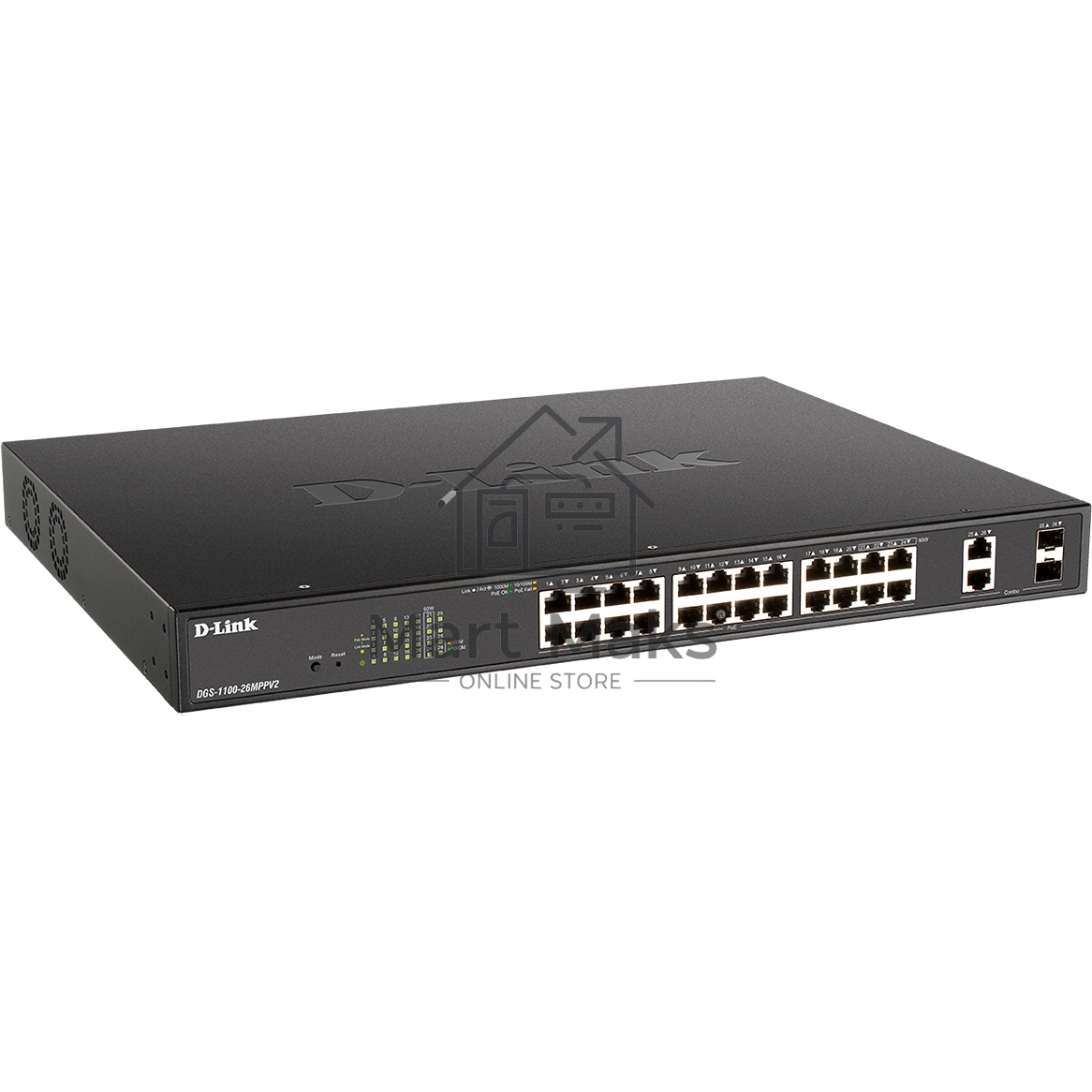 Настраиваемый L2 коммутатор D-Link DGS-1100-26MPPV2/A3A с 24 портами 10/100/1000Base-T и 2 комбо-портами 1000Base-T/SFP (порты 1-24 PoE 802.3af/at, порты 21-24 PoE 802.3bt, PoE-бюджет 525 Вт)