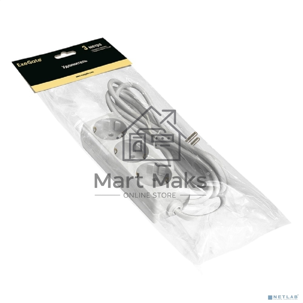 Удлинитель ExeGate ECE-3-3W (EX285806RUS), белый, 3 м, Евровилка с заземлением, 3 евророзетки с заземлением, 2200 Вт