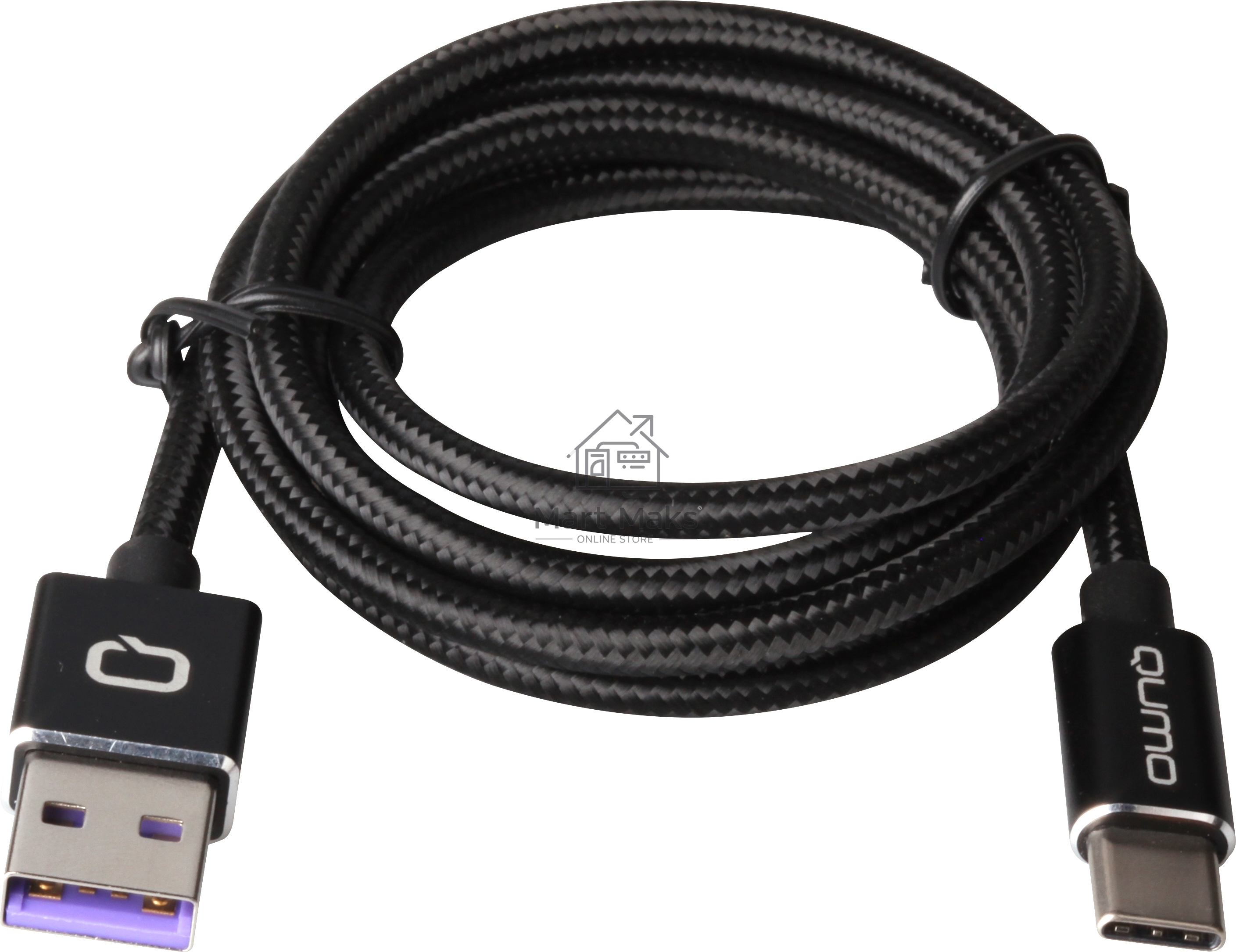 Кабель Qumo Type-С кабель, 1м, USB 2.0, 5В, 5А, 25Вт, тканевая оплетка, стальной коннектор, черный