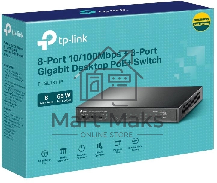 Настольный коммутатор TP-Link TL-SL1311P, 8 портов 10/100 Мбит/с с поддержкой PoE+, 2 гигабитных порта без поддержки PoE, 1 порт SFP, 802.3af/at, бюджет PoE — 65 Вт, стальной корпус