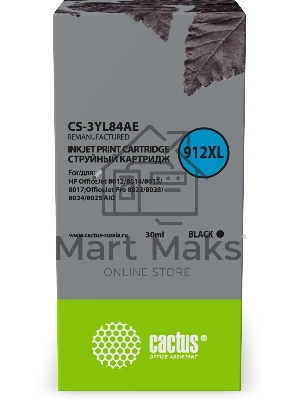 Картридж струйный Cactus CS-3YL84AE 912XL (есть ограничения по прошивке) черный (30 мл) для HP OfficeJet 8012/8014/8015/8017;OfficeJet Pro 8022/8023/8024/8025 AIO