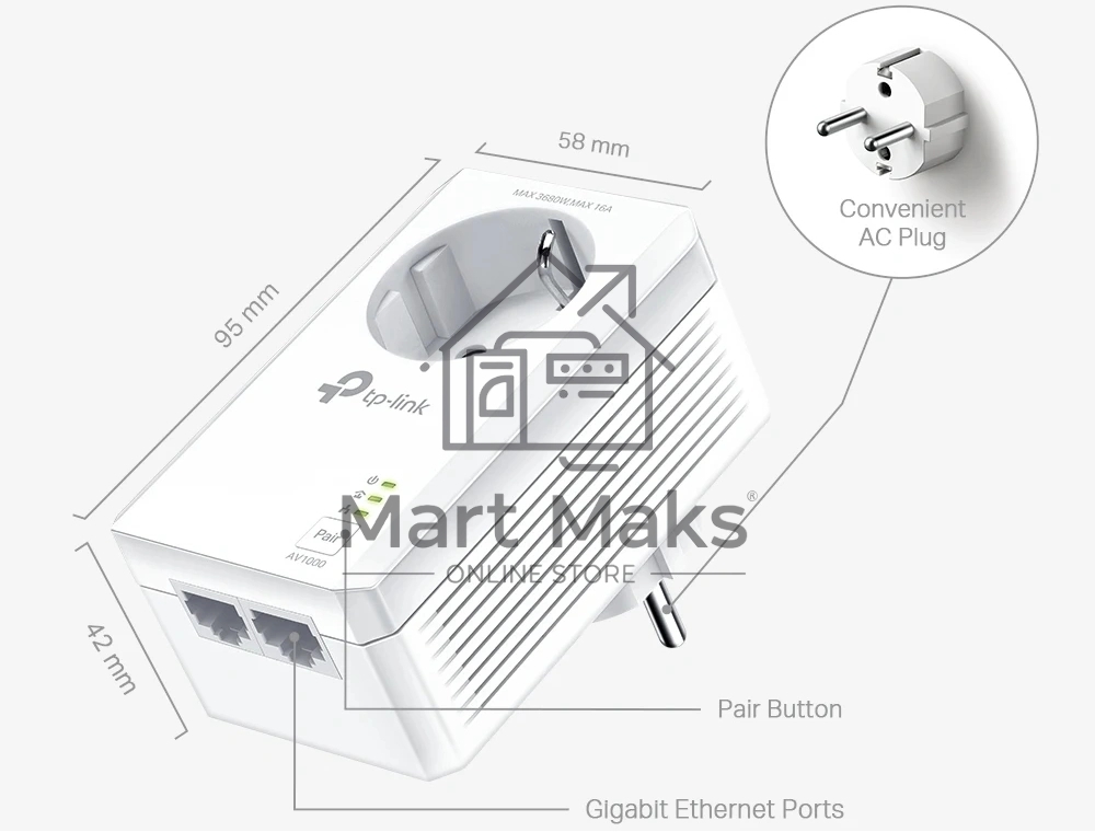 Комплект гигабитных Powerline-адаптеров TP-Link TL-PA7027P KIT AV1000 со встроенной розеткой