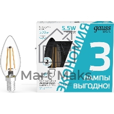 Лампа светодиодная Gauss Basic 1031126T 5.5Вт цок.:E14 свеча 240B 4100K св.свеч.бел.ней. (упак.:3шт)