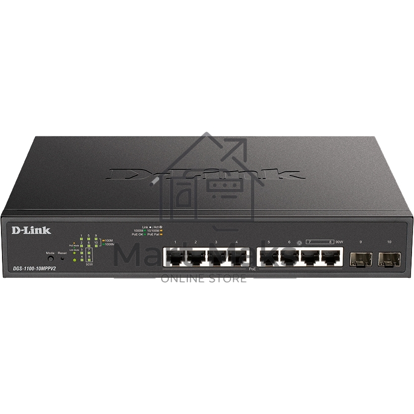 Коммутатор D-Link DGS-1100-10MPPV2/A3A, L2 Smart Switch with 8 10/100/1000Base-T ports and 2 1000Base-X SFP ports (6 PoE ports 802.3af/802.3at (30 W), 2 ports 802.3af/802.3at/802.3bt (90W), PoE Budget 242 W).8K