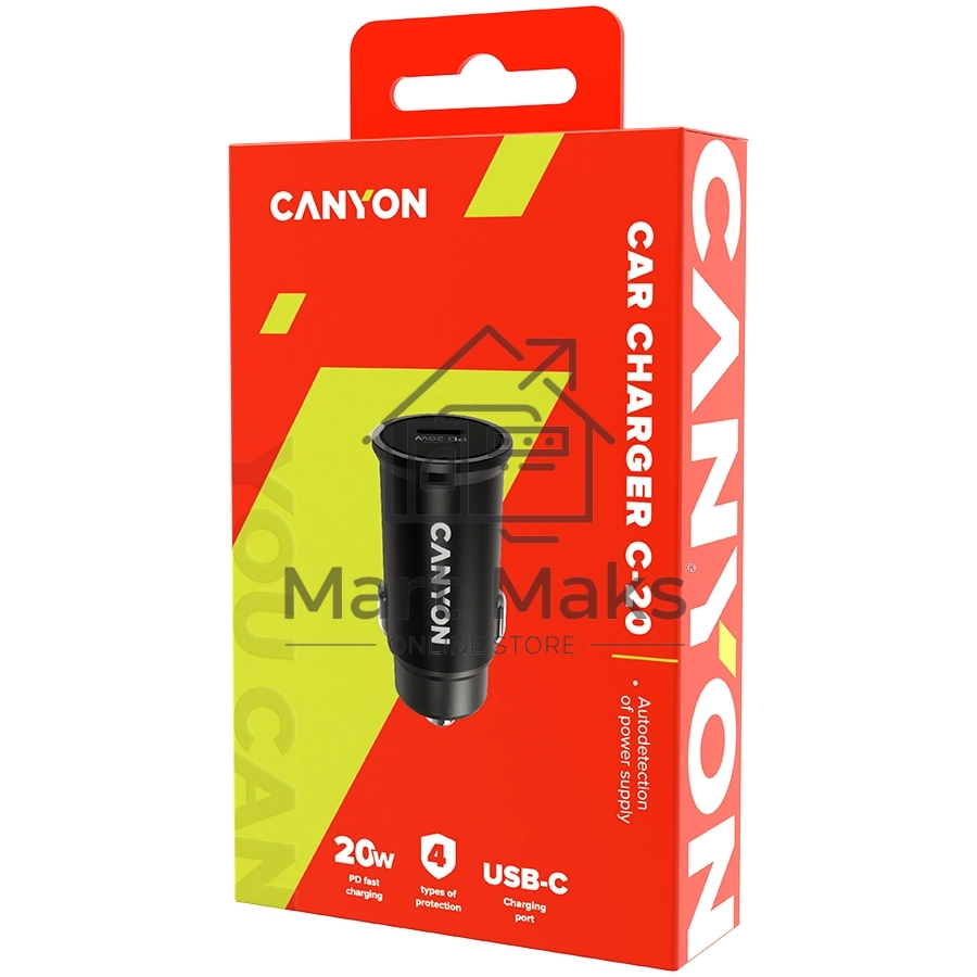 Автомобильный адаптер Canyon, PD 20W Pocket size car charger, input: DC12V-24V, output: PD20W, support iPhone12 PD fast charging, Compliant with CE RoHs, Size: 50.6*23.4*23.4, 18g, черный
