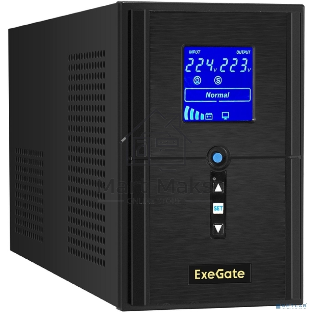 Источник бесперебойного питания ExeGate SineTower SN-1500.LCD.AVR.2SH.1C13.USB <1500VA/1200W, чистая синусоида, LCD дисплей, AVR, 2*Schuko+1*C13, USB, линейно-интерактивный, Black>