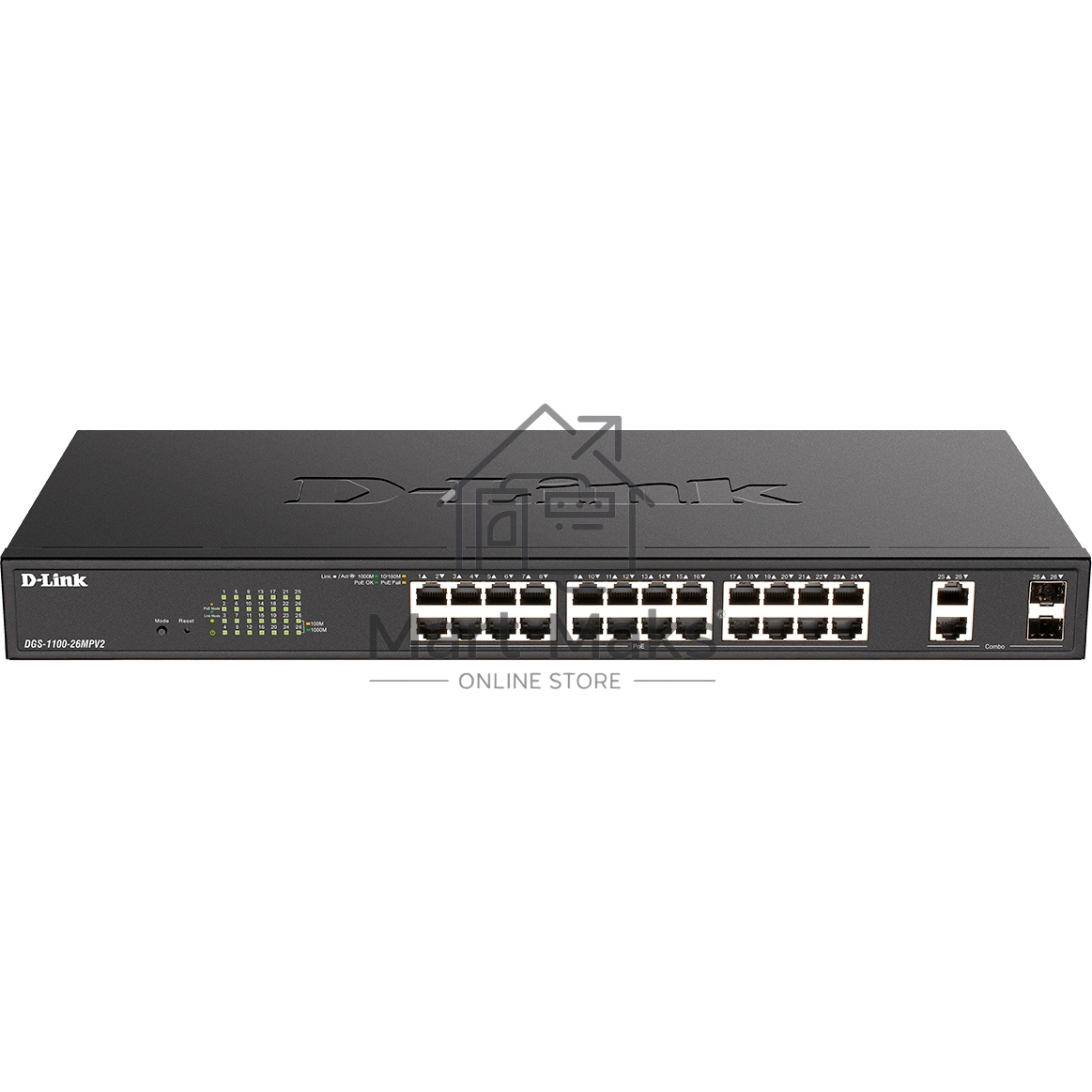 Настраиваемый L2 коммутатор D-Link DGS-1100-26MPV2/A3A с 24 портами 10/100/1000Base-T и 2 комбо-портами 1000Base-T/SFP (24 порта PoE 802.3af/at, PoE-бюджет 370 Вт)