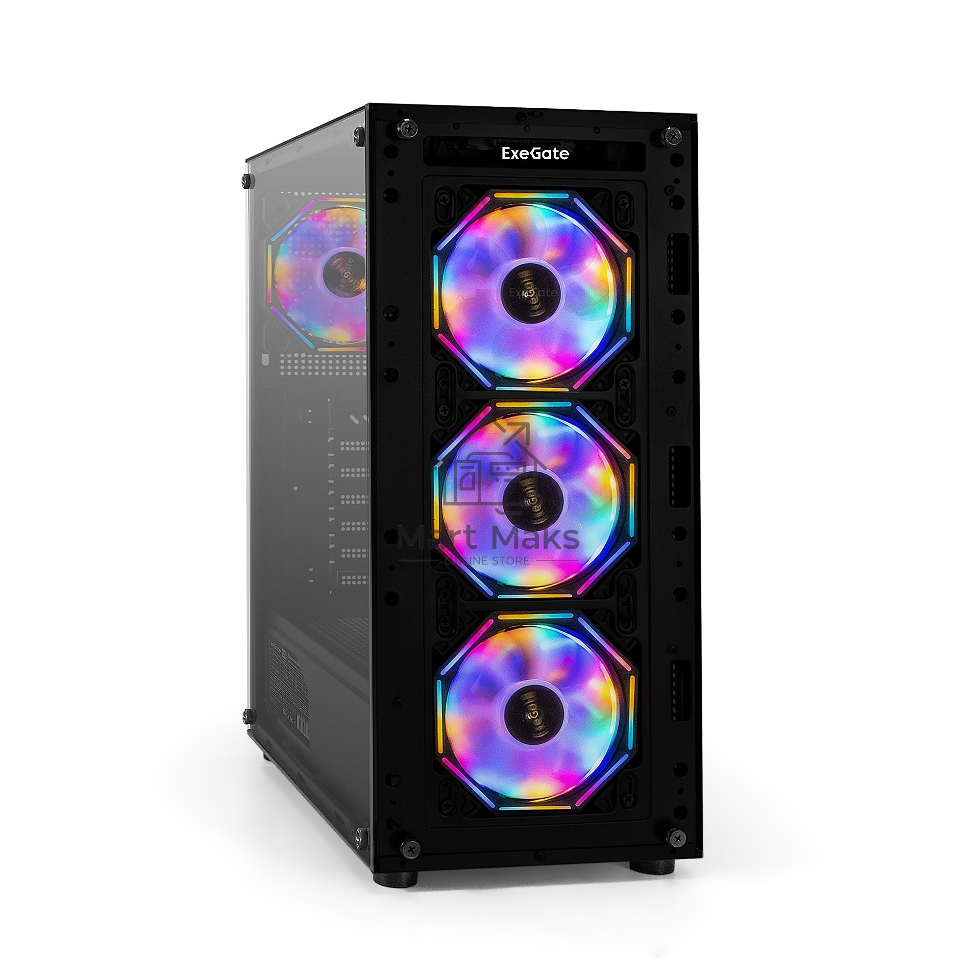 Компьютерный корпус Miditower ExeGate i3 BASE-EVO800 (ATX, БП EVO800RGb с вент. 12 см, с окном, 1*USB+1*USB 3.0, аудио, 4 вент. 12см с RGb подсветкой)