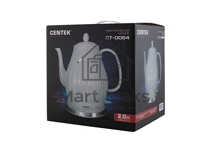 Чайник электрический Centek CT-0064 2.0л, 2150W, супербелая керамика, рельефный корпус