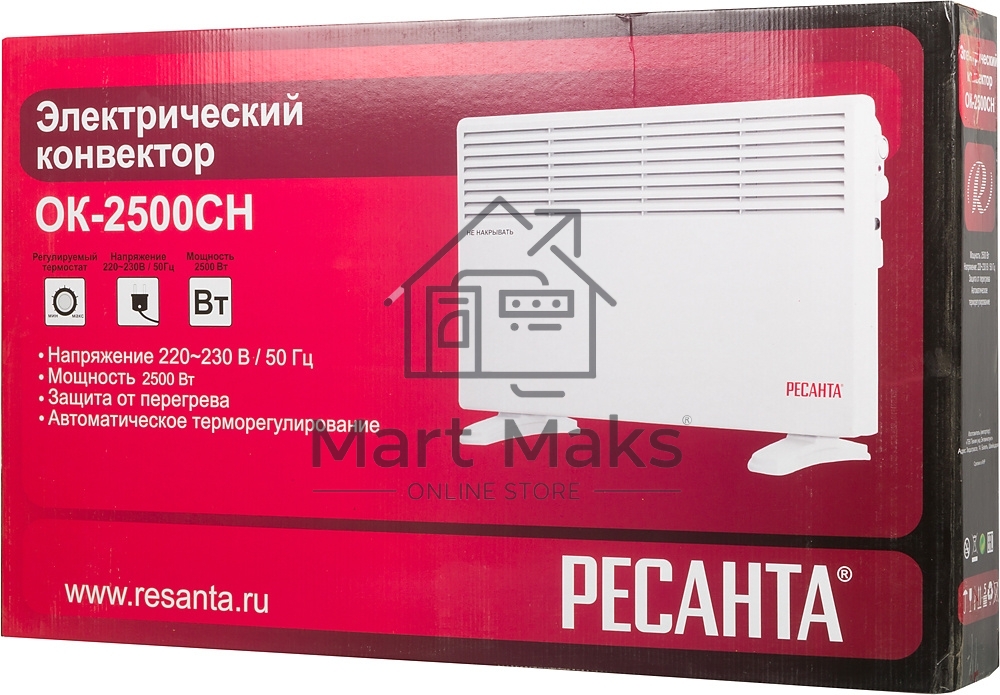 Конвектор Ресанта ОК-2500СН белый, 2500 Вт, 25 м2, термостат