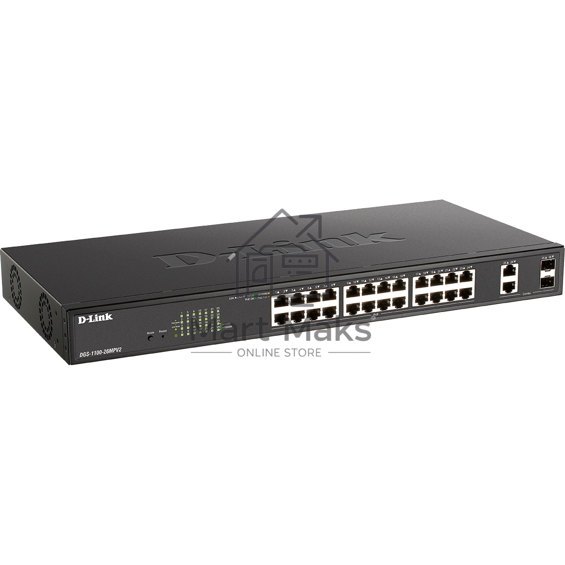 Настраиваемый L2 коммутатор D-Link DGS-1100-26MPV2/A3A с 24 портами 10/100/1000Base-T и 2 комбо-портами 1000Base-T/SFP (24 порта PoE 802.3af/at, PoE-бюджет 370 Вт)