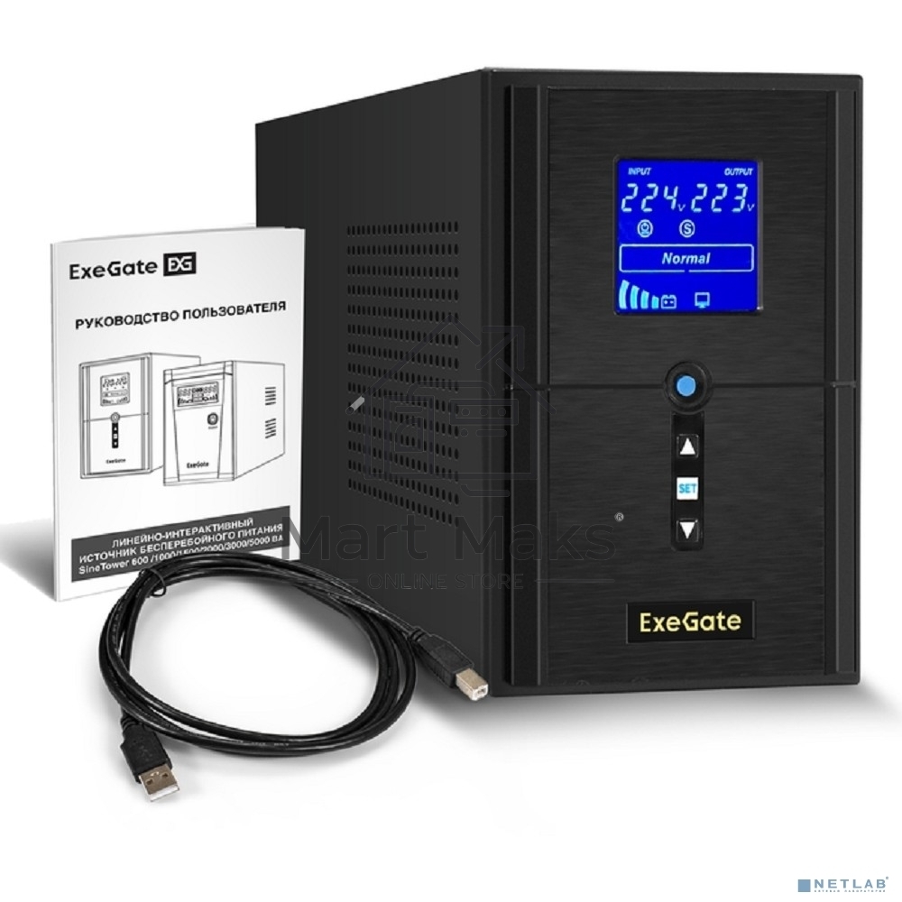 Источник бесперебойного питания ExeGate SineTower SN-1500.LCD.AVR.2SH.1C13.USB <1500VA/1200W, чистая синусоида, LCD дисплей, AVR, 2*Schuko+1*C13, USB, линейно-интерактивный, Black>