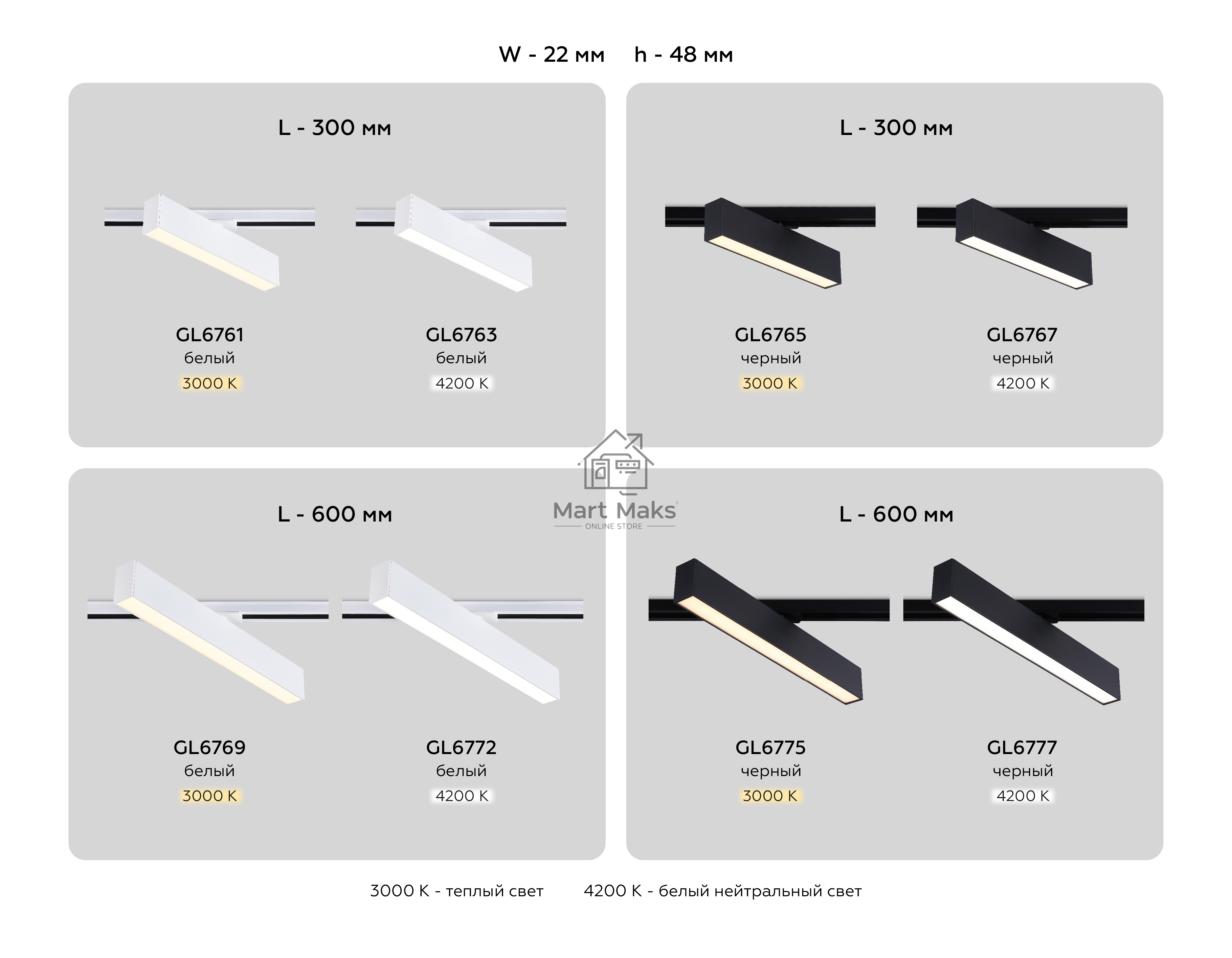 Трековый однофазный светильник Ambrella light GL6772 WH белый LED 24W 4200K 600*22*48