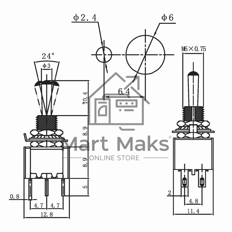 Тумблер 250V 3А (6c) ON-OFF-ON двухполюсныйMicroRexant