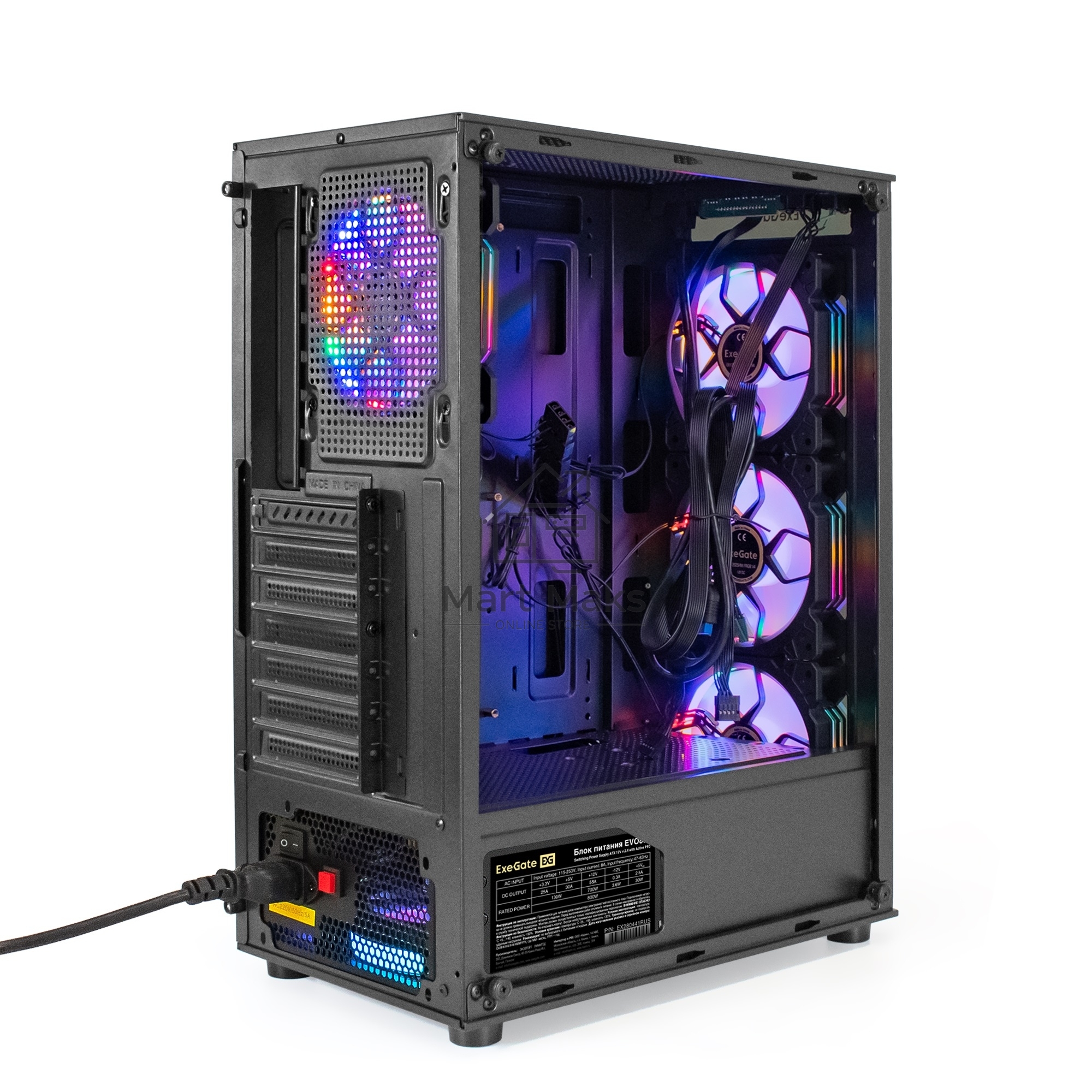 Компьютерный корпус Miditower ExeGate i3 BASE-EVO800 (ATX, БП EVO800RGb с вент. 12 см, с окном, 1*USB+1*USB 3.0, аудио, 4 вент. 12см с RGb подсветкой)