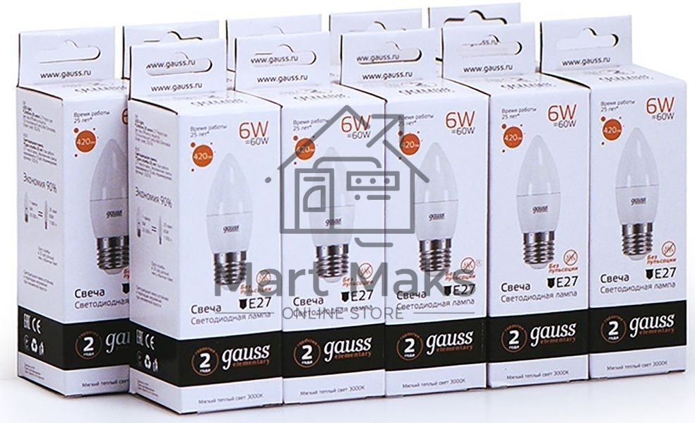 Лампа светодиодная Gauss Elementary 6Вт цок.:E27 свеча 220B 3000K св.свеч.бел.теп. C37 (упак.:10шт) (33216)