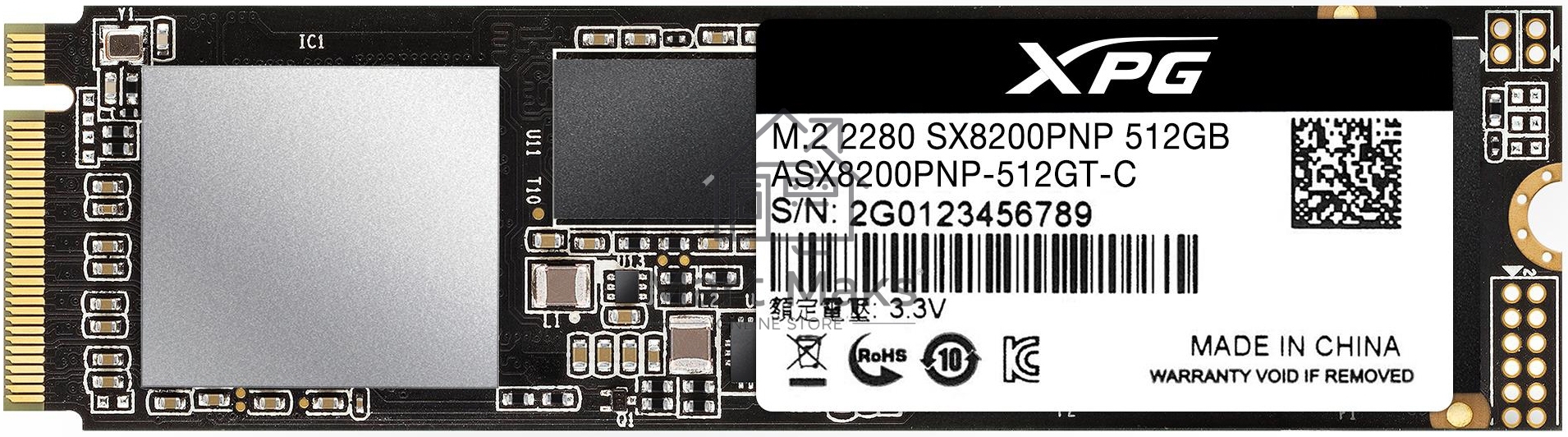 Накопитель SSD XPG SX8200 Pro, 512 ГБ, PCIe 3.0 x4, M.2 2280, NVMe, R/W 3350/2350, с радиатором