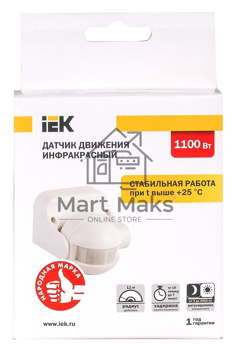 Детектор движения ДД 009 1100Вт угол. обз. 180град. IP44 бел. ИЭК LDD10-009-1100-001