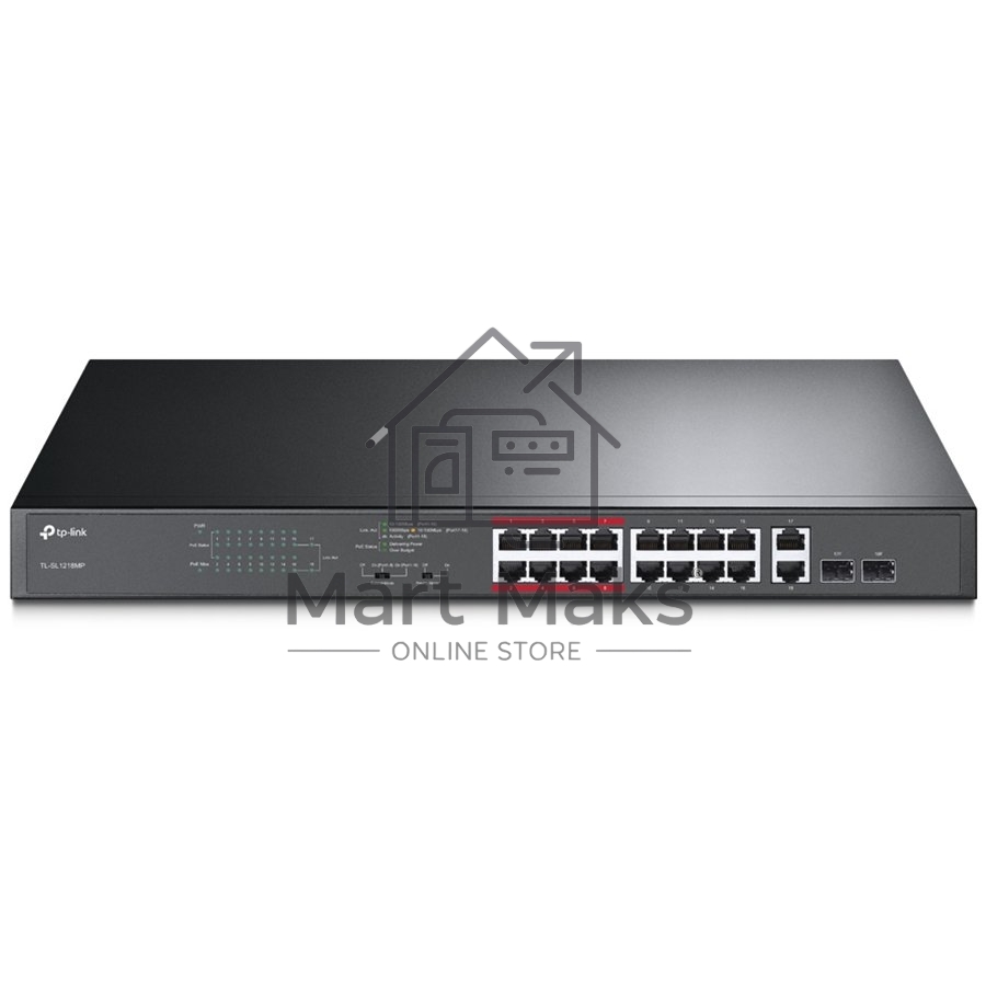 Коммутатор TP-LINK TL-SL1218MP Неуправляемый коммутатор PoE на 16 портов 10/100 Мбит/с и 2 гигабитных порта