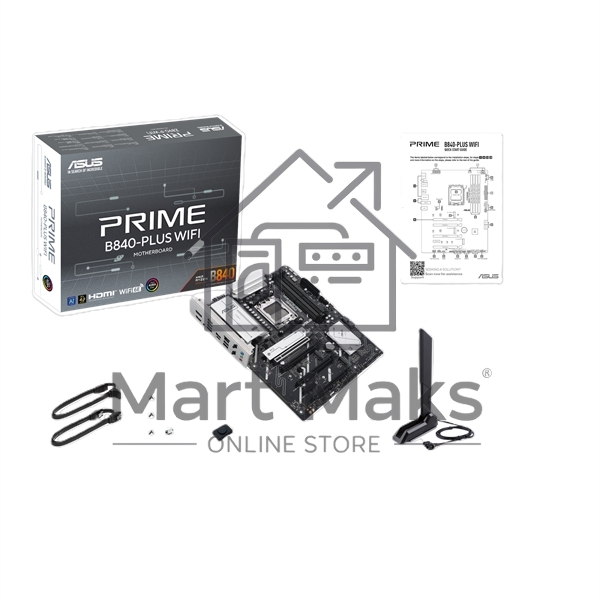 Материнская плата ASUS PRIME B840-PLUS WIFI, AM5, AMD B840, 4xDDR5, 4xSATA, 3xM.2, 1xPCIe 4.0 x16, 1xPCIe 3.0 x16, 2xPCIe 3.0 x16, 1xPCIe 3.0 x1, 1xDP, 1xHDMI, 1x 2.5Gb LAN, 8xUSB-A, 3x3.5 мм, 7.1, ATX
